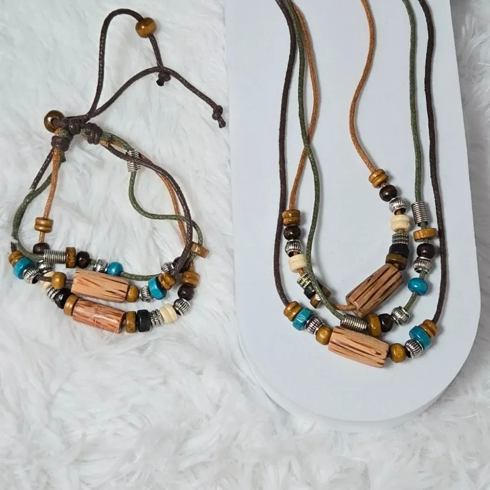 Bohemian Layered Wood Bead Necklace Bracelet Set Adjustable Faux Leather Unisex